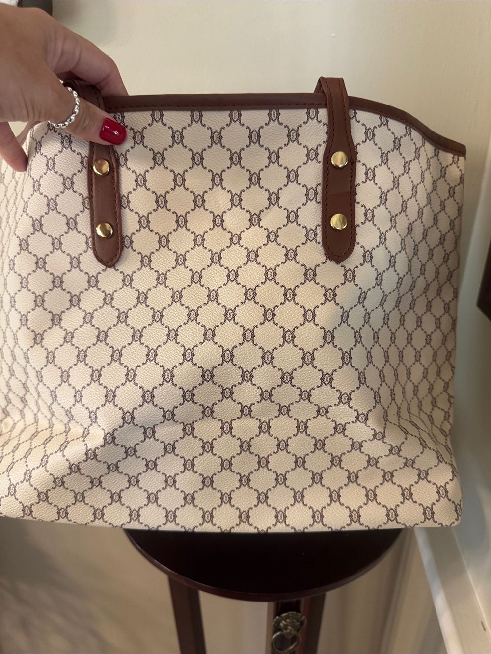 Cream and Brown Patterned Tote Bag with Brown Trim - Picture 4 of 4